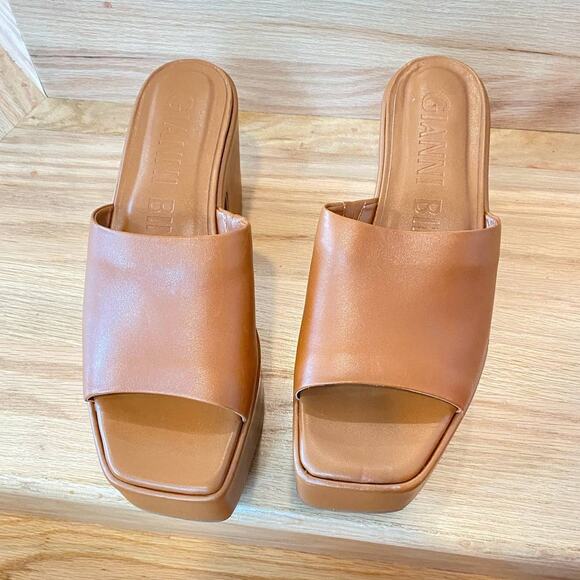Gianni Binni Lomah Leather  Square Toe Platforms Sandals Chunky Heels Tan 10us - Picture 3 of 10